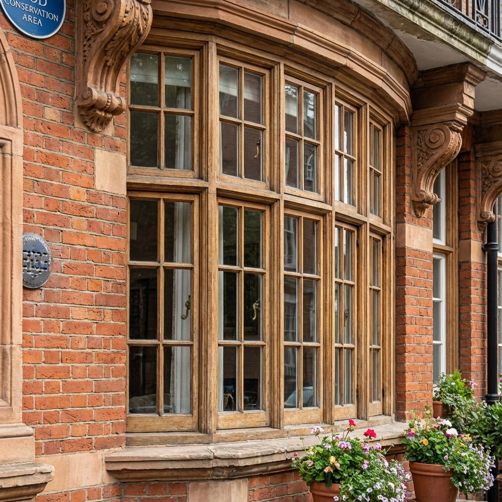 Traditional bay window in a London conservation area with conservation area plaque visible