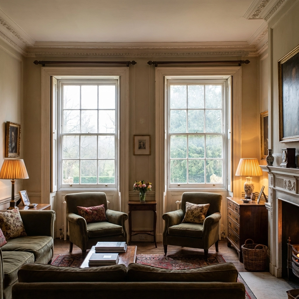 Elegant period living room with tall Georgian sash windows featuring secondary glazing