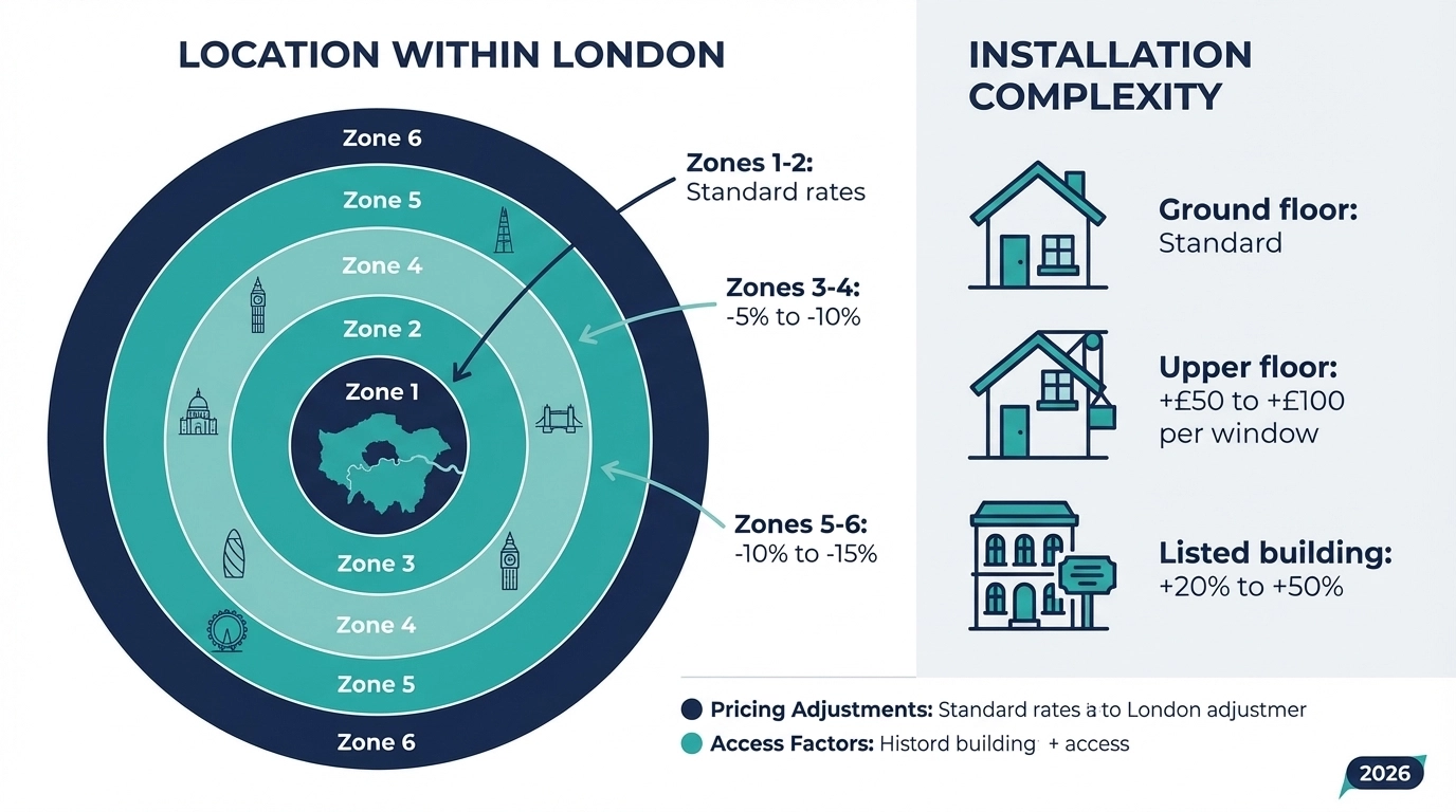 Secondary glazing pricing by London zones and installation complexity factors