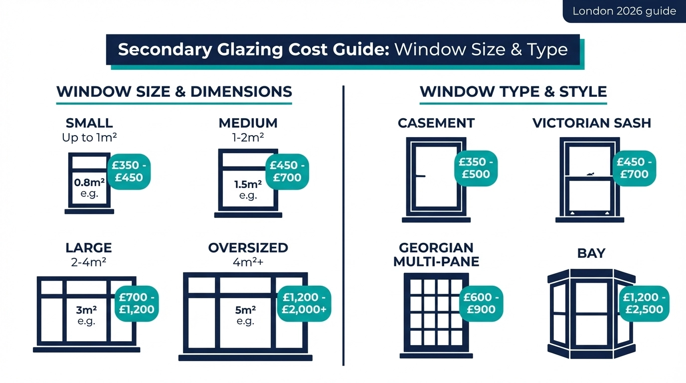 Secondary Glazing Cost Guide showing window size and type pricing for London 2026