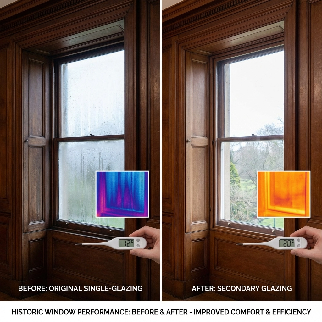 Before and after comparison showing thermal performance improvement with secondary glazing on heritage windows