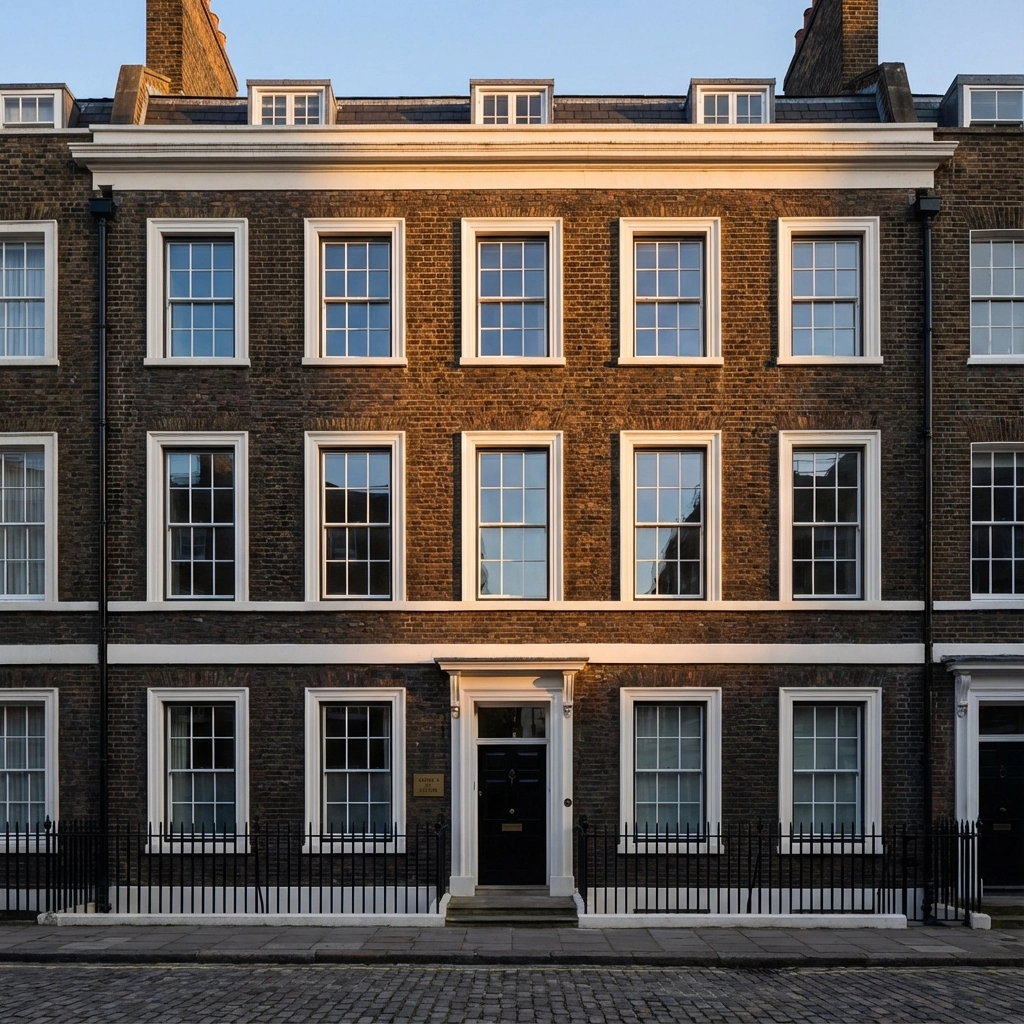 Georgian listed building facade in London with traditional sash windows