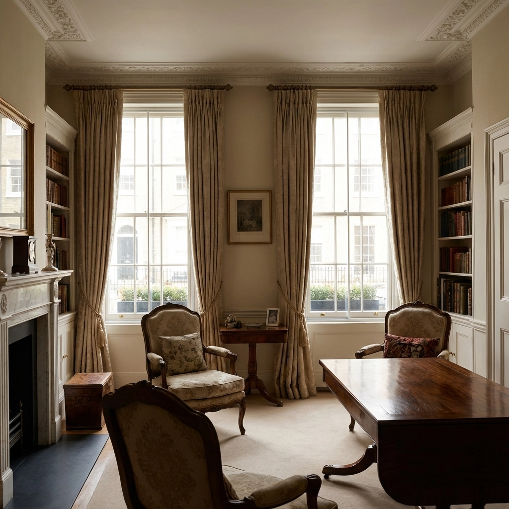 Interior of a listed building showing elegant period windows with secondary glazing