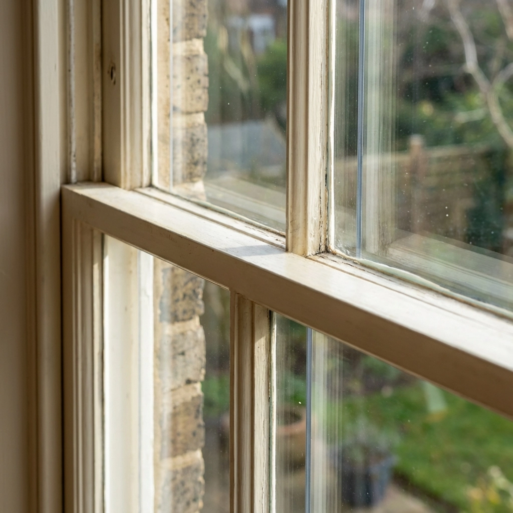 Close-up detail of secondary glazing installed on a heritage sash window