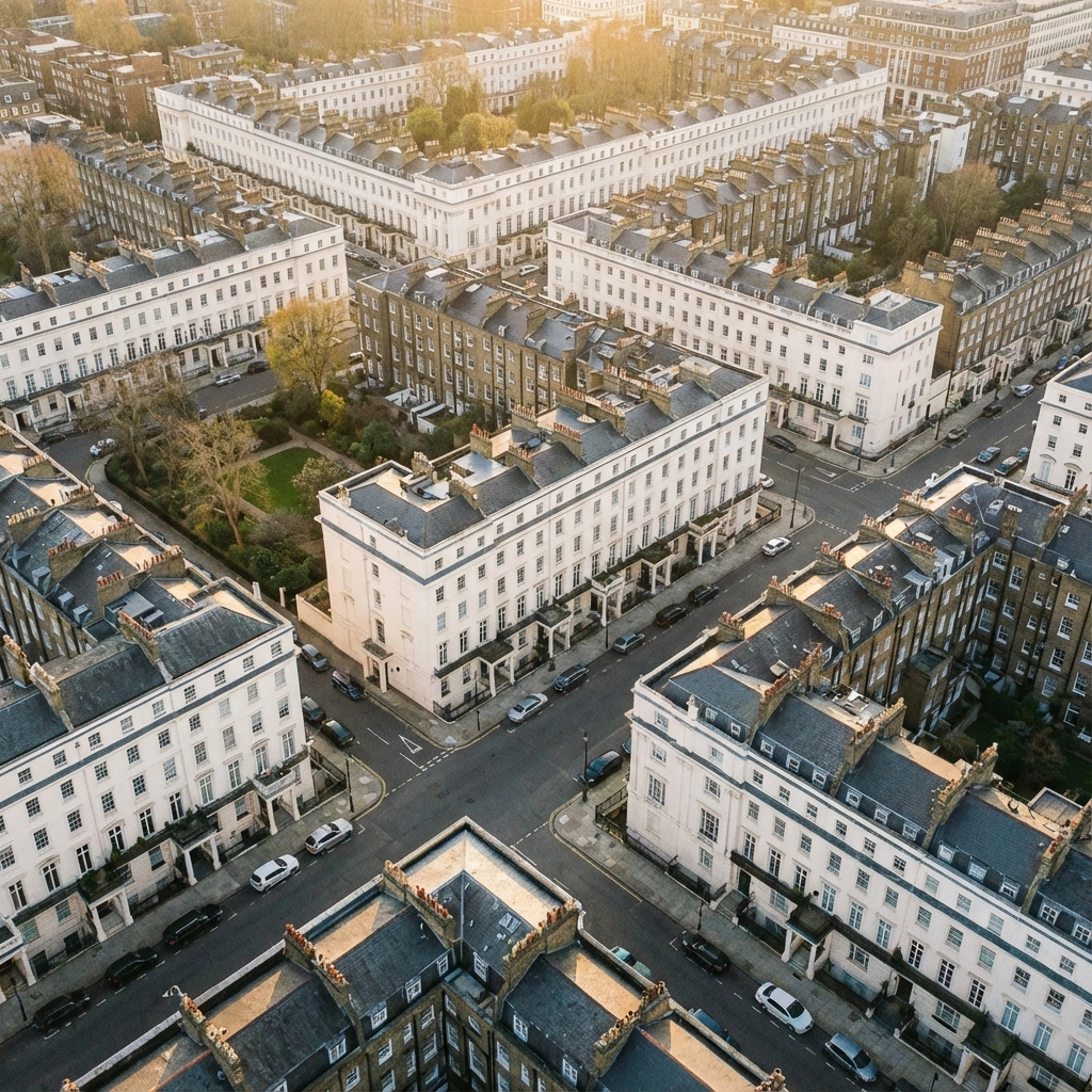 Aerial view of a London conservation area showing period properties and Georgian architecture