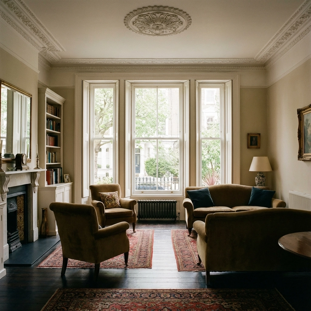 Elegant period living room with tall sash windows featuring secondary glazing