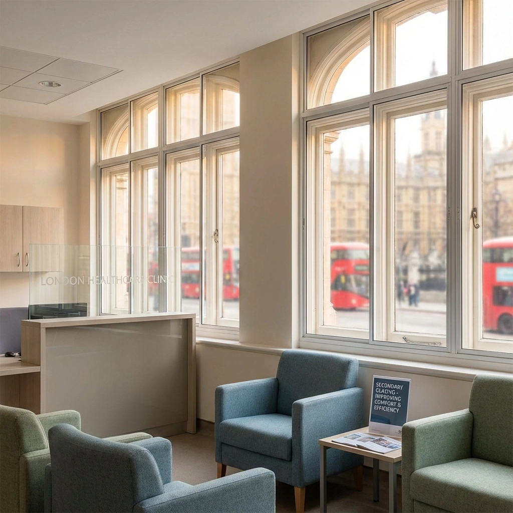 London clinic waiting area with secondary glazing overlooking Westminster