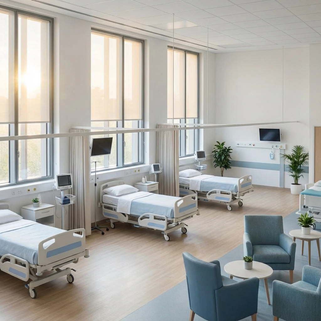 Modern hospital ward with secondary glazing for patient comfort