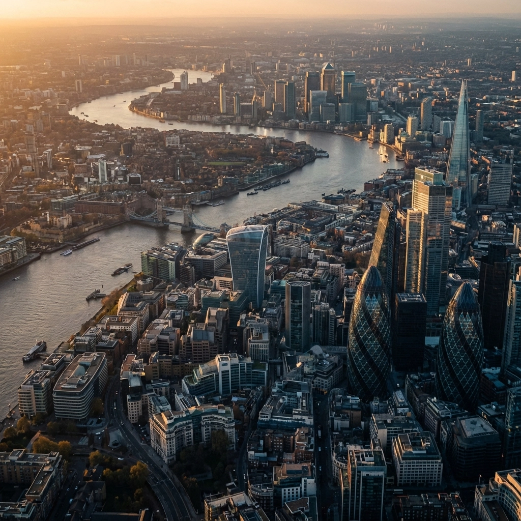 Aerial view of London's commercial district including the City, Canary Wharf and Thames at sunset