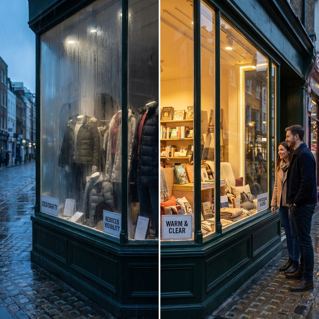 Before and after comparison of retail shop windows with secondary glazing