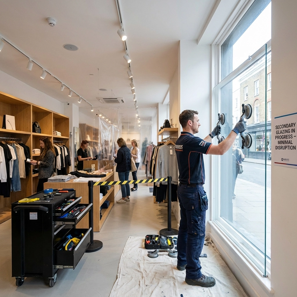 Secondary glazing installation in progress at London boutique with minimal disruption