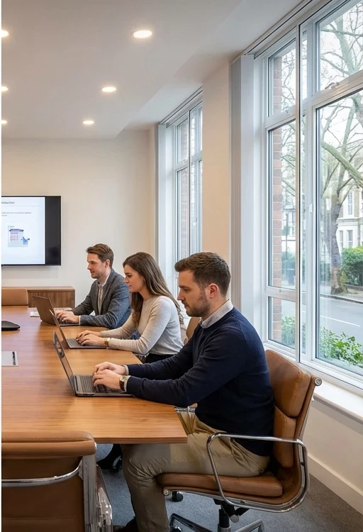 Quiet London meeting room after secondary glazing, staff working calmly beside tall windows