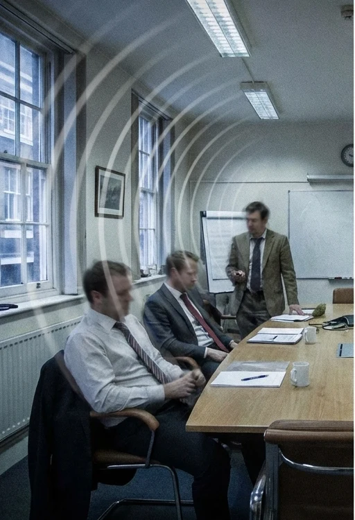 Noisy single-glazed London meeting room before secondary glazing, with traffic noise disrupting a meeting