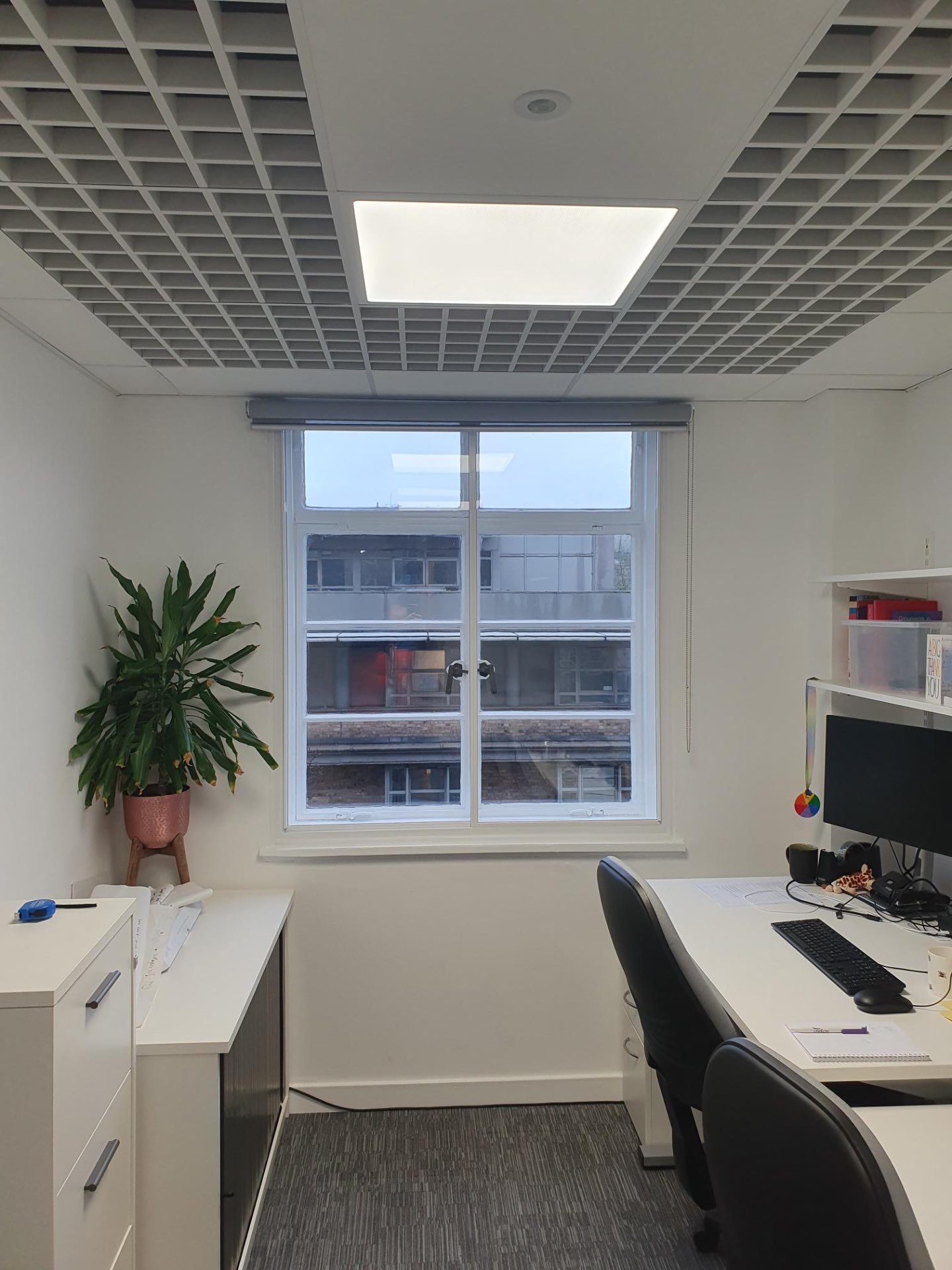 Office space showing double glazed window installation with improved thermal performance